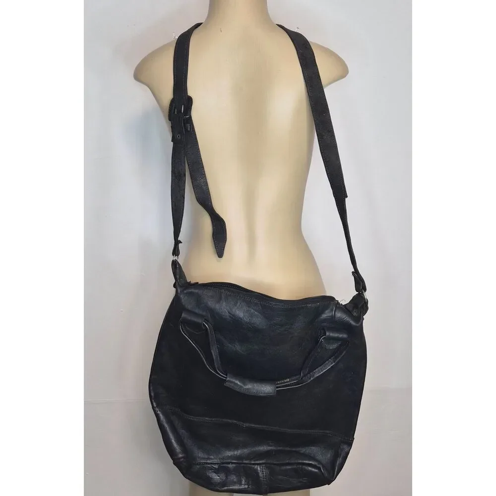 Black distressed leather hobo bag